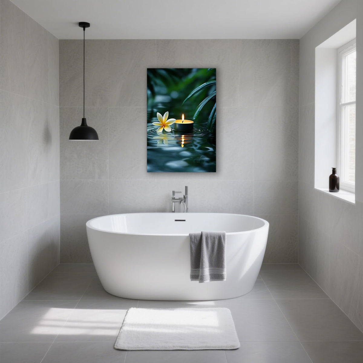 Zen Canvas Wall Art Plumeria Flower and Candle in Water Print Framed Artwork Poster for Spa Bathroom Decor (WE000051-6 / 18"L x 12"W)