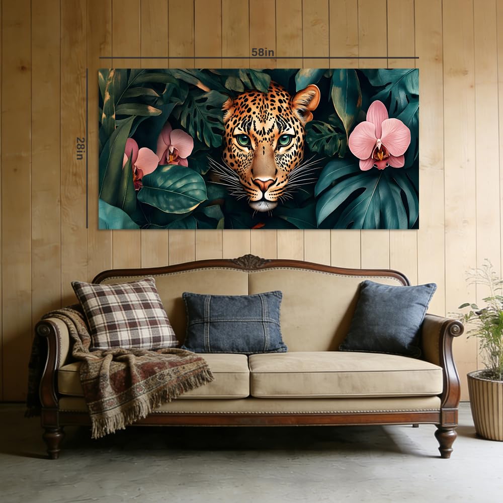 Tropical Jungle Leopard Canvas Wall Art Dark Green Monstera Leaves Pink Orchid Flower Wildlife Painting Print Gallery Wrapped Artwork for Living Room Living Room Bedroom Bathroom Decor (Abstract / White Leopard Jungle 2 / 46"L x 23"W)