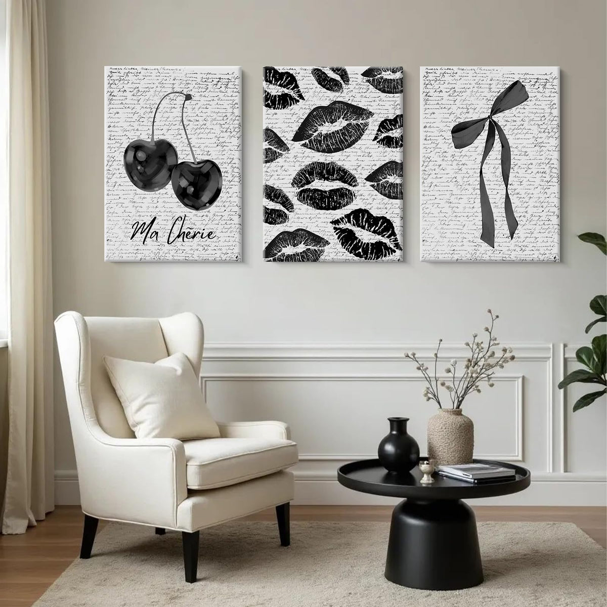 Black White Aesthetic Wall Art Coquette Bow Fashion Canvas Wall Decor Preppy Cherry Posters Vintage Girl Room Decor Bow Pictures Trendy Lips Kiss Prints for Girly Bedroom 16x24 Inch Ready to Hang 3pcs (Black Lips Prints / 16x24 Inch Wrapped Canvas)