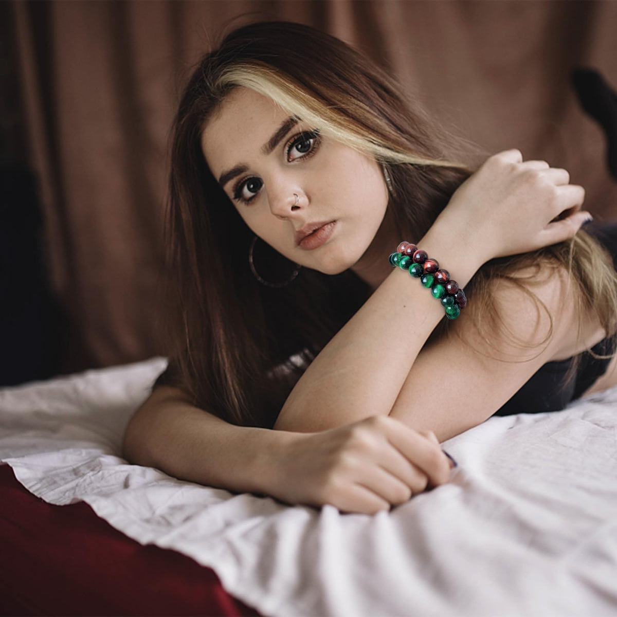 Natural obsidian bracelet (10mm Tiger Eye (Brown+Green )-2 Pcs)