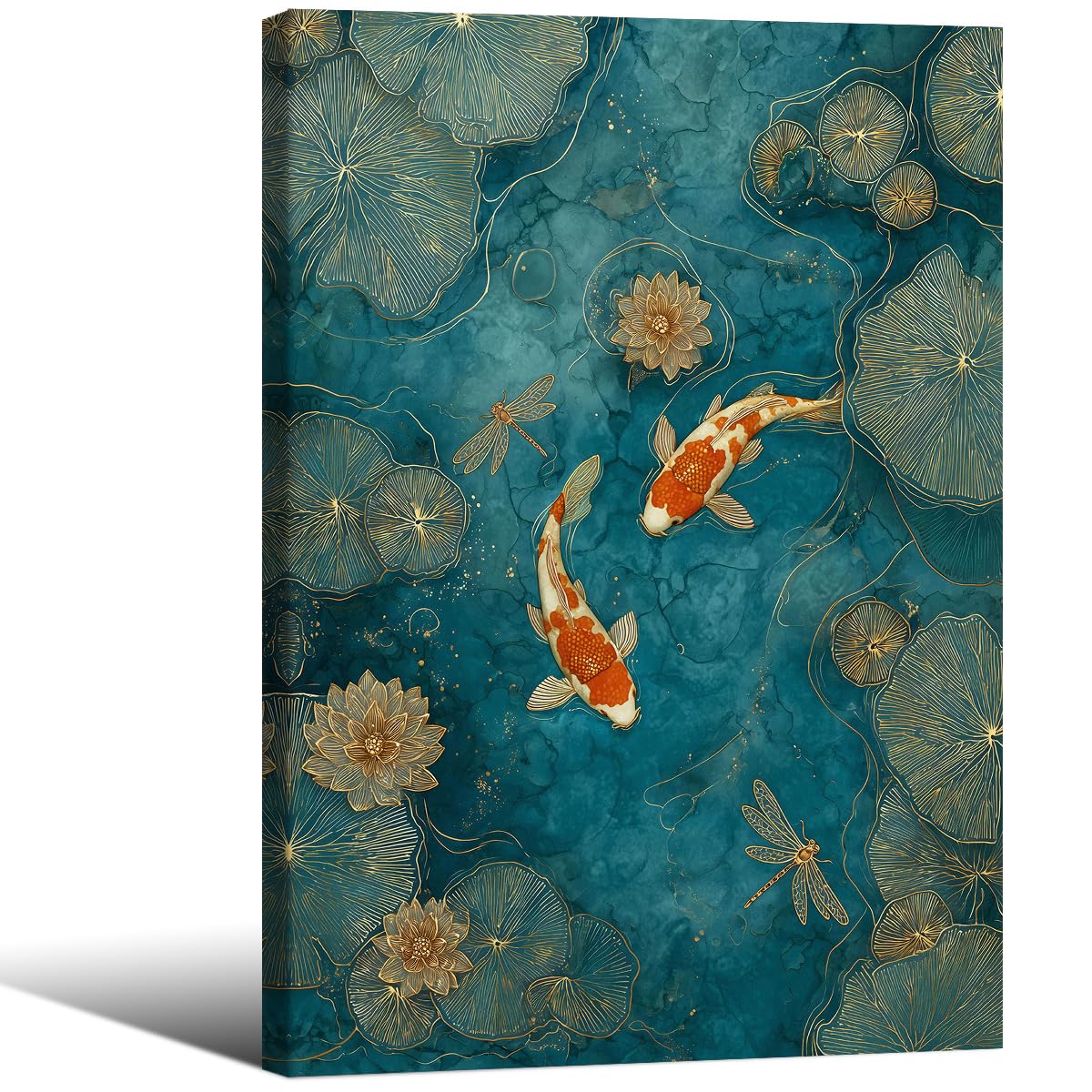 Japanese Koi Fish Zen Framed Canvas Wall Art Traditional Oriental Asian Prints 12x18 inch Elegant Emerald Green Pond Koi Fish Posters for Office Home Bedroom Meditation Yoga Spa Room Decor (Wrapped Canvas / Japanese Posters / 18"L x 12"W)