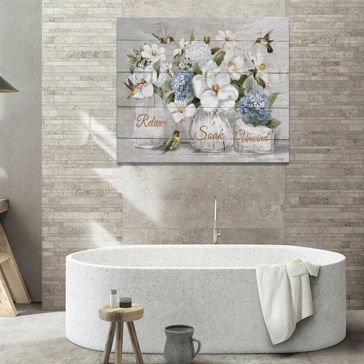 Farmhouse Flower Bathroom Decor Wall Art Rustic Hummingbird White Floral Pictures Wall Decor Relax Soak Unwind Bathroom Sign Canvas Painting Prints Artwork Home Decorations Framed for Bedroom 24"x20" (White Flower / 24"L x 20"W)