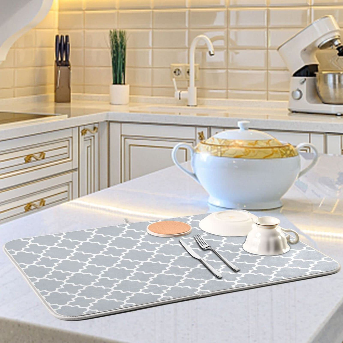 Super Absorbent Dish Drying Mat (Grey Moroccan / 18" x 24")