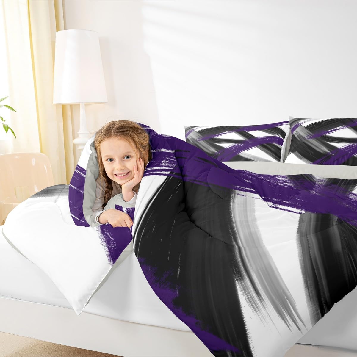 Black Purple Comforter Set King Size Abstract Geometric Bedding Set for Boys Girls Modern Minimalist Duvet Quilt Room Decor Breathable Soft Microfiber All Season 3Pcs with 2 Pillow Cases (Multi 45689 / King)