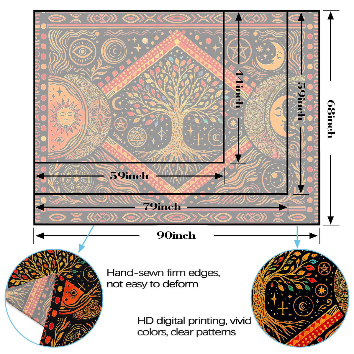 Tree of Life Sun Moon Stars Wall Tapestry (80"L x 60"W / Red Orange)