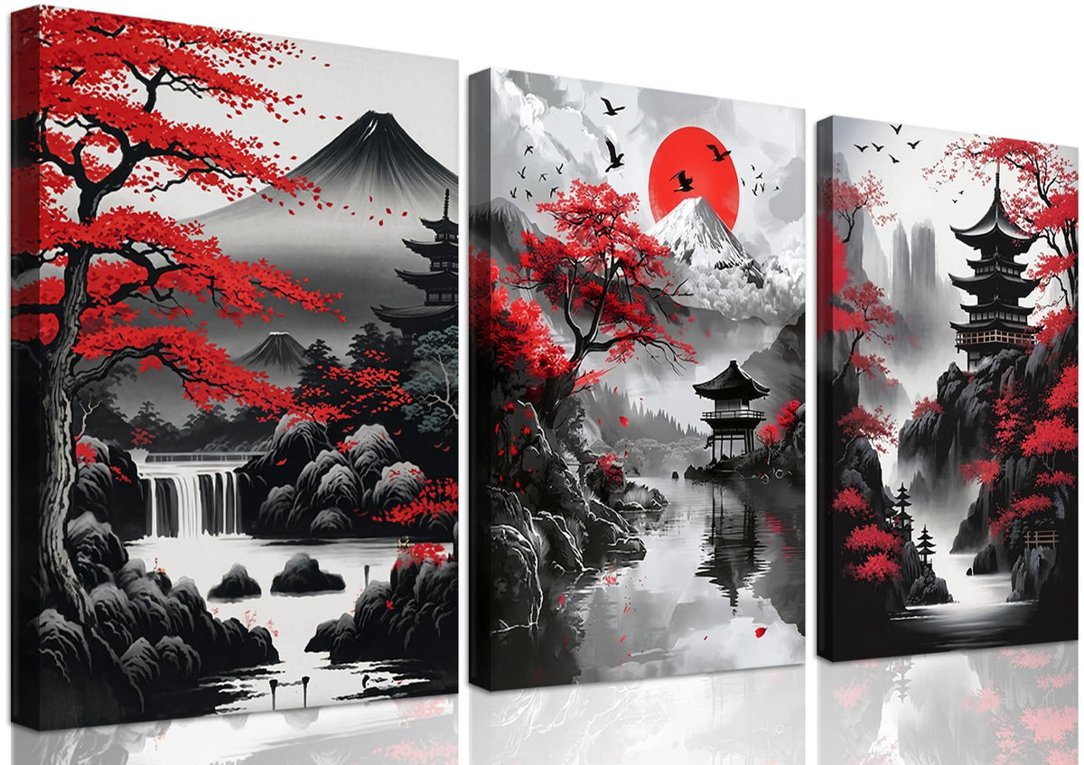 Japanese Wall Art Set of 3 (Black / 16"L x 12"W)