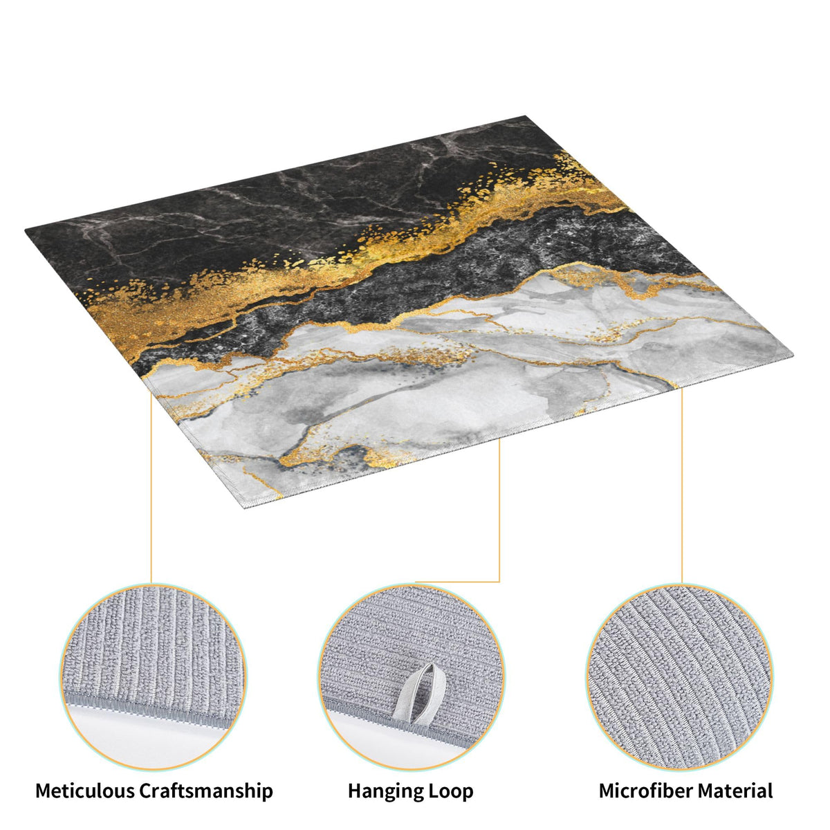 Black Gold Marble Dish Drying Mat for Kitchen Counter Gold and Black Grey Dish Drainer Rack Mats 16x18 Inches Absorbent Reversible Cute Drying Pad (Black/Gold / 16 x 18 inch)