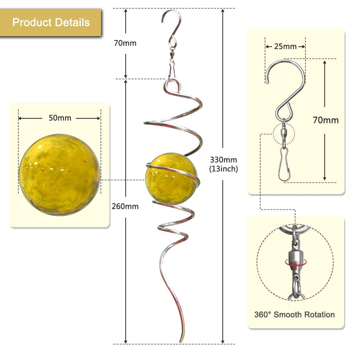 Gazing Ball Spiral Tail with Gold Glass Orb (Gold Glass Orb)