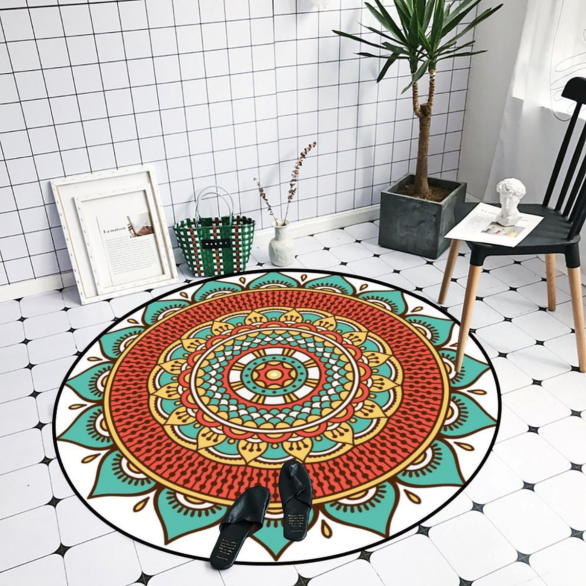 Round Area Rugs 2 FT Washable Non Slip Circle Rug (Colorful Green Mandala Pattern / 2' (Round))