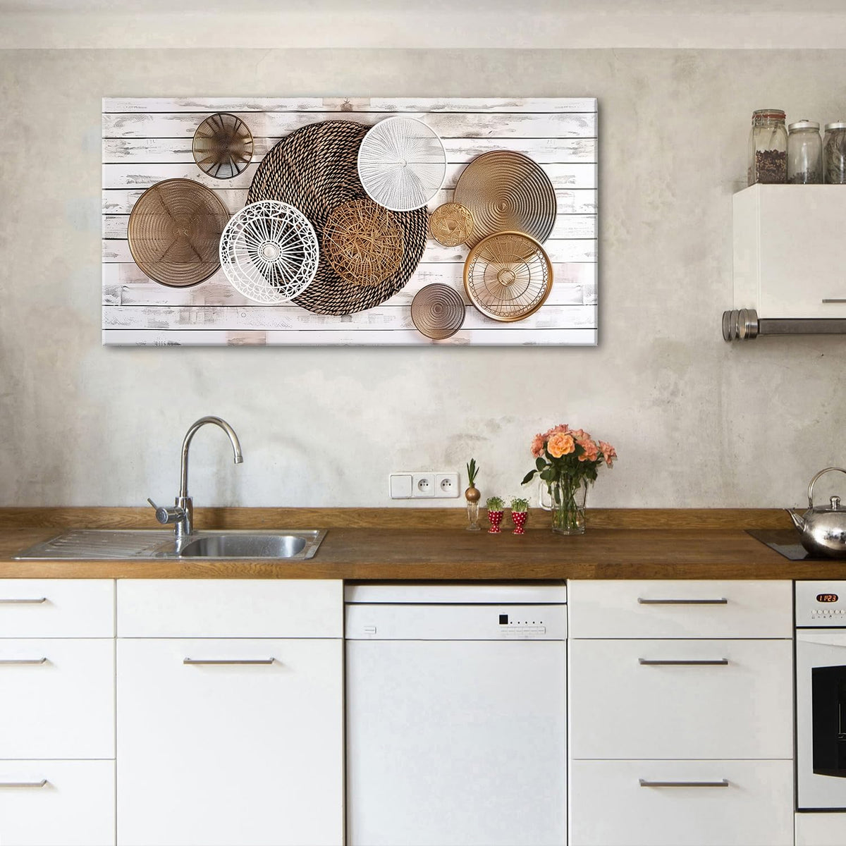 Boho Abstract Canvas Wall Art for Kitchen Picture for Dining Room Rustic Neutral Geometric Basket Painting Wall Decor Farmhouse Prints Minimalist Poster Artwork Home Bedroom Decorations 24x48” (48"x24"x1 / ABSTRACT02)