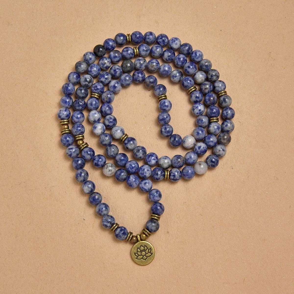 108 Natural Stone Mala Beads Yoga Bracelet with Lotus Charm (Sodalite)