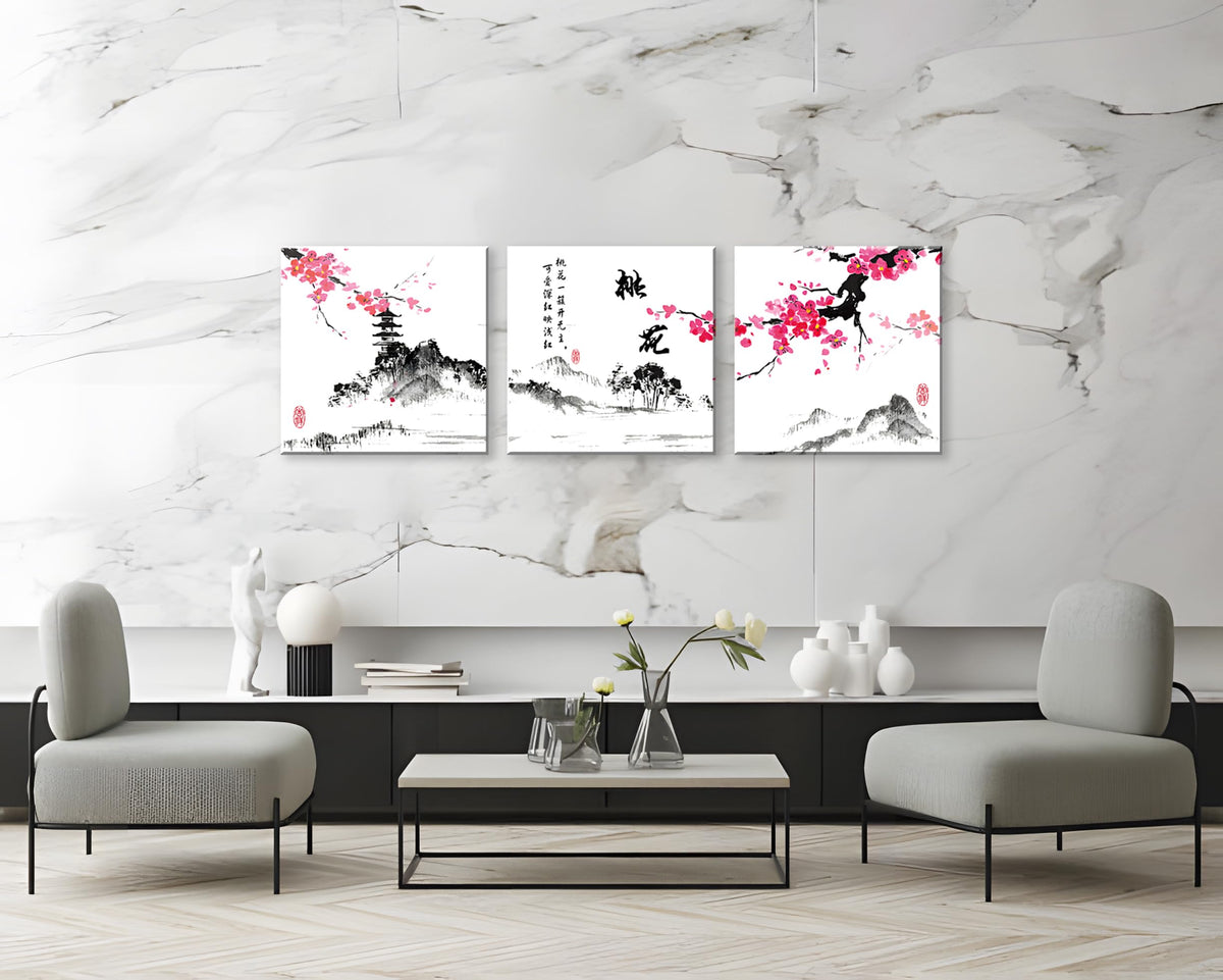 Small Size Traditional Chinese Painting of Peach Blossom Canvas Prints 3 Panels Calligraphy Art Paintings Wall Art Poem Print Painting Framed 20x20inches 3pcs (Peach blossom / 20x20 inches (3 pieces))