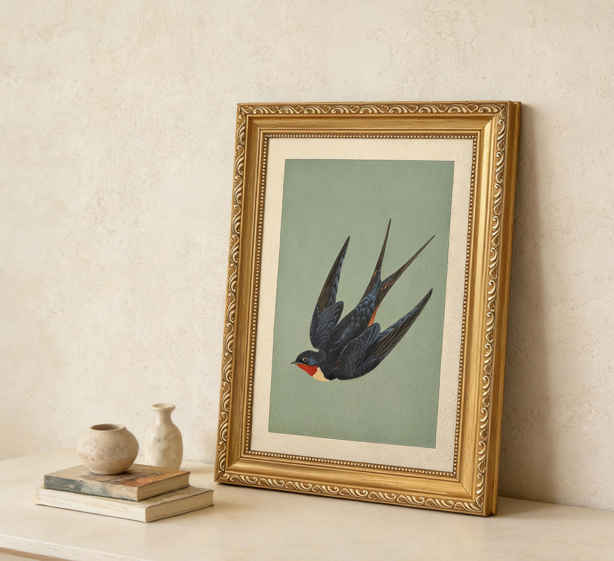 Vintage Gold Framed Swallow Wall Art (Retro Swallow Framed / 9"L x 11"W)