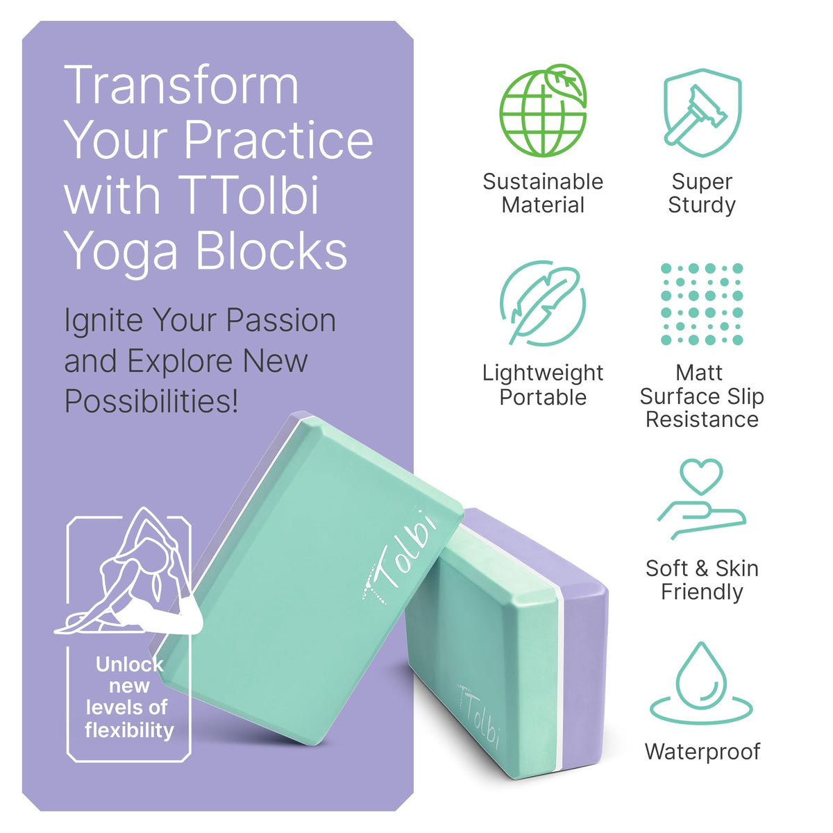 Yoga Blocks 2 Pack with Strap and Guide (Mint/Purple & Stretch Band Mint)