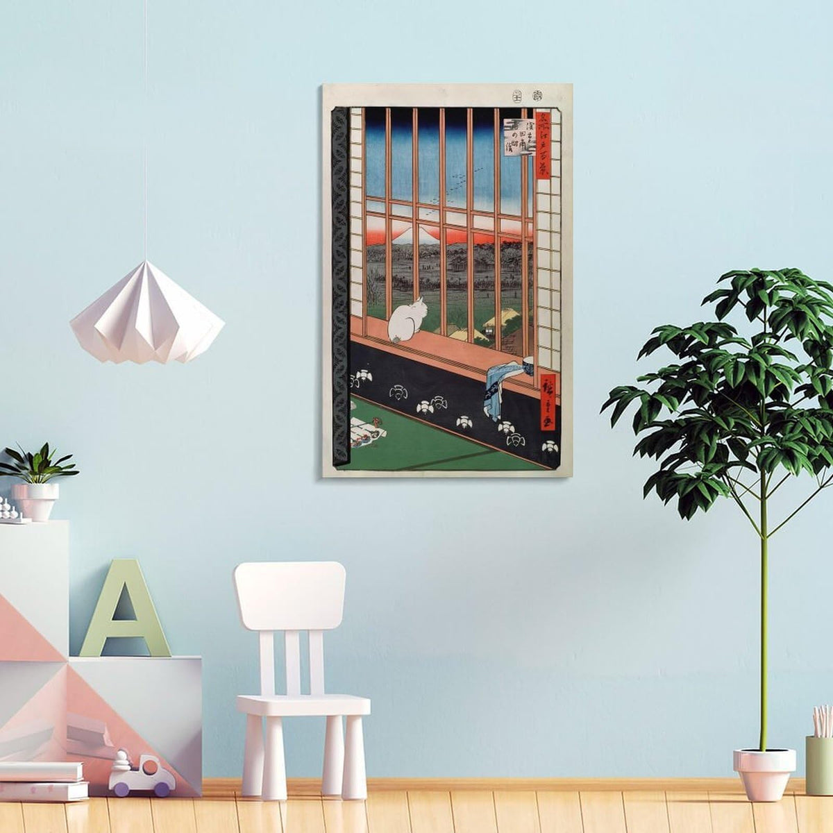 Hiroshige Asakusa Ricefields White Cat Japanese Ukiyoe Landscape Canvas Printing Wall Art Prints Wall Decor Posters Zen Vintage Style for Living Room Bedroom Home Office Gallery 24x36inch (style-4 / 24x36inch(60x90cm) Frame)