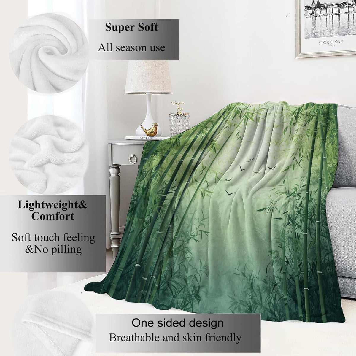 Forest Blanket Tranquil Green Bamboo Throw Blankets with Soaring Bird (50x60in / Bamboo)