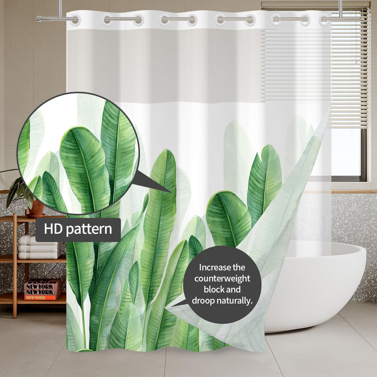 No Hook Tropical Shower Curtain with Snap in Liner Set Summer Plant Palm Leaf Shower Curtains for Bathroom Double Layers Hotel Style Fabric Washable 71x74 Inch (Olive Green)