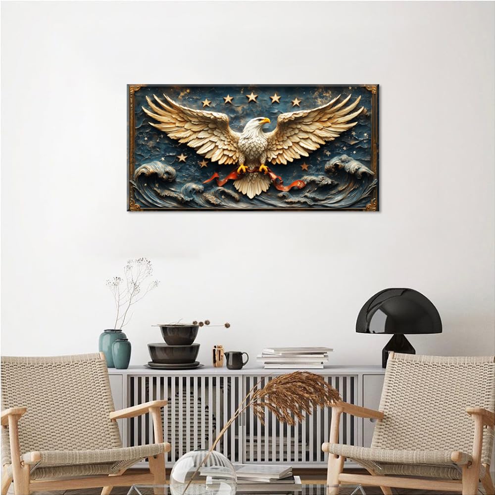 Gold Eagle Wall Art for Living Room Office Relief Sculpture Patriotic Symbol Baroque Ornamental Painting Prints Classic Canvas Artwork Dining Bedroom Decor Large (Baroque / Eagle Relief Sculpture Wall Art / 46L" x 23W")