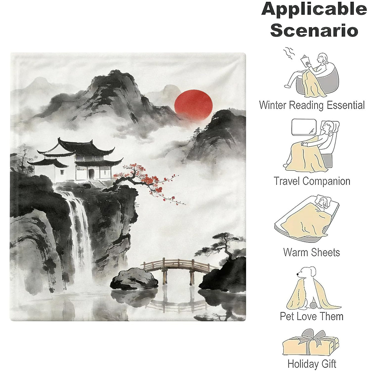 Japanese Nature Landscape Throw Blanket Zen Cozy Soft Plush Flannel 30"X40" (Japanese Nature / 30"X40")
