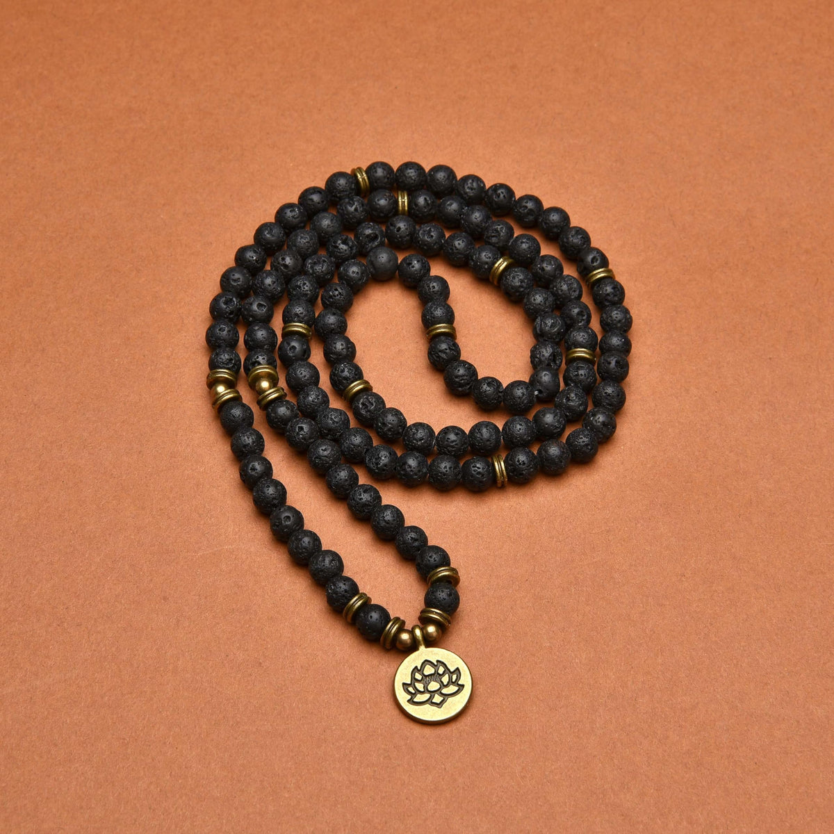 108 Healing Mala Beads Bracelet or Necklace with Gold Lotus Charm (Lava)