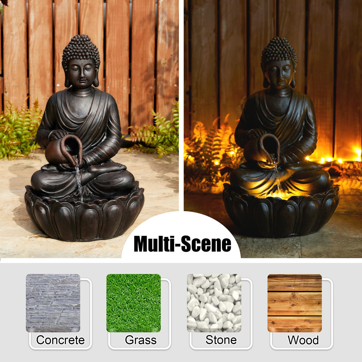 Buddha Fountain Outdoor 2 Tier Zen Style Buddha Water Fountains with Pump & LED Light (Bronze Buddha W/Lotus Basin / 20.5"H)