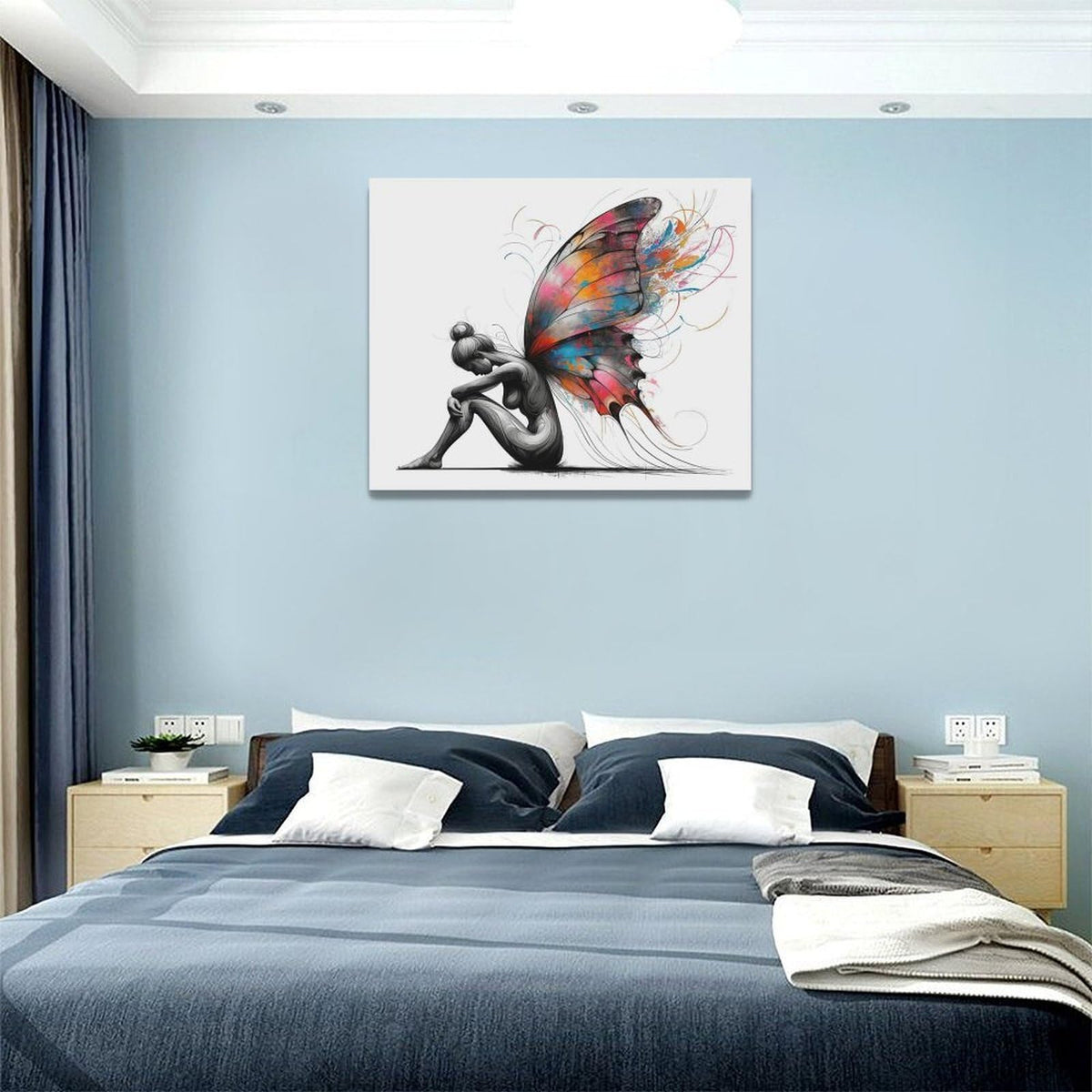 Butterfly Girl Wall Decor Colorful Butterfly Wings Pictures Canvas Wall Art Female Woman Painting Girl Room Decor Artwork Decorations Framed for Bedroom Bathroom living Room Office 20 x 16 inch (20"L x 16"W / Butterfly Wings)