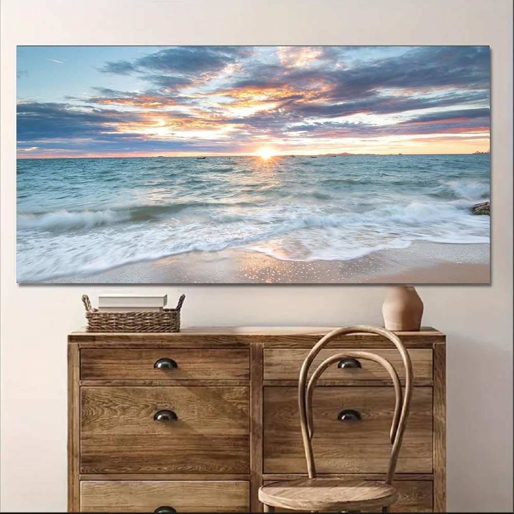 Beach Sunset Wall Art Coastal Decor Seascape Canvas Prints Ocean Picture for Living Room Decor Waves Sea Poster Landscape Painting Bedroom Wall Art Office Artwork Home Decorations (Bocean / 40"L x 20"W)
