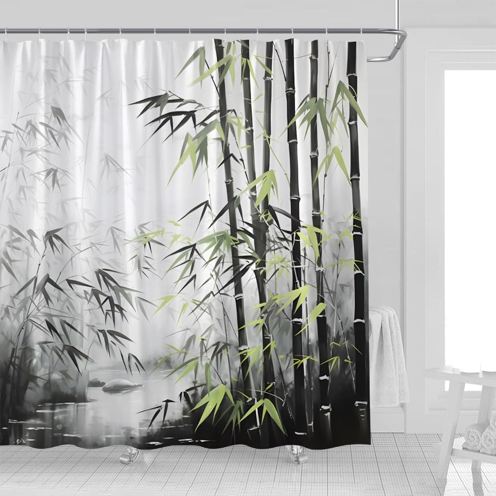 Bamboo Shower Curtain Retro Bamboo Forest Green Grey Leaf River Vintage Asian Japanese Ink Painting Spa Fabric Bathroom Decor Curtains with Hooks (Green Black / 75"W x 70"L (Pack of 1))