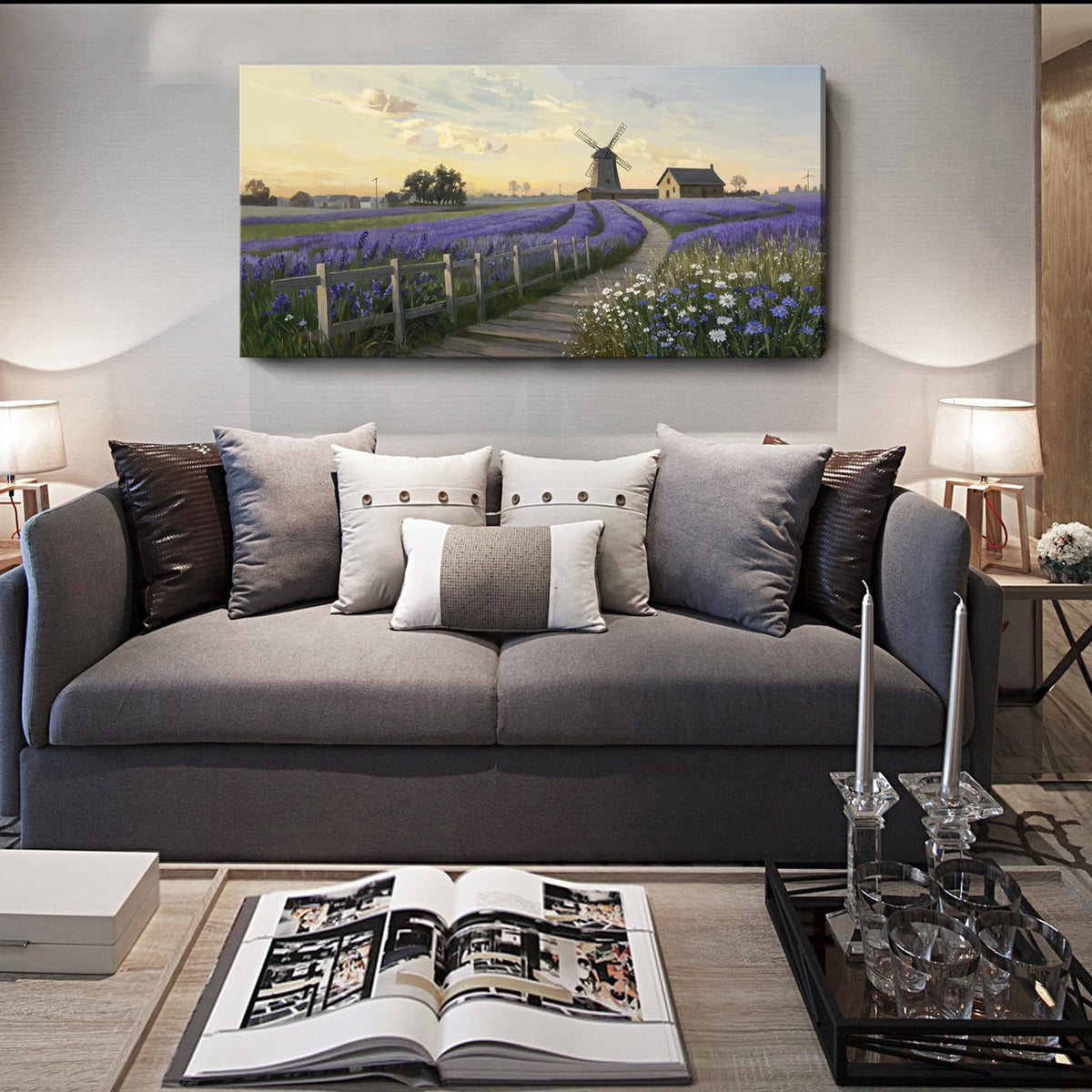 Large Canvas Wall Art for Living Room Farmhouse Lavender Print 48x24 (Purple Lavender Wall Art / 48"L x 24"W)
