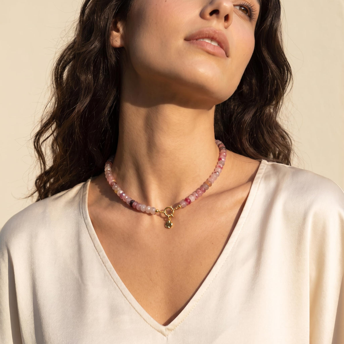 Tourmaline Color Natural Stone Beaded Choker Necklace for Women (Tourmaline)