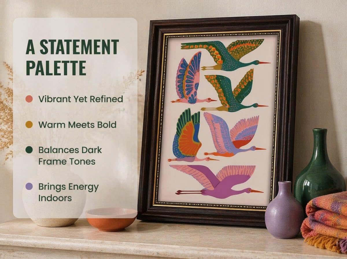 Framed Colorful Bird Wall Art (Heron / 16"L x 12"W)