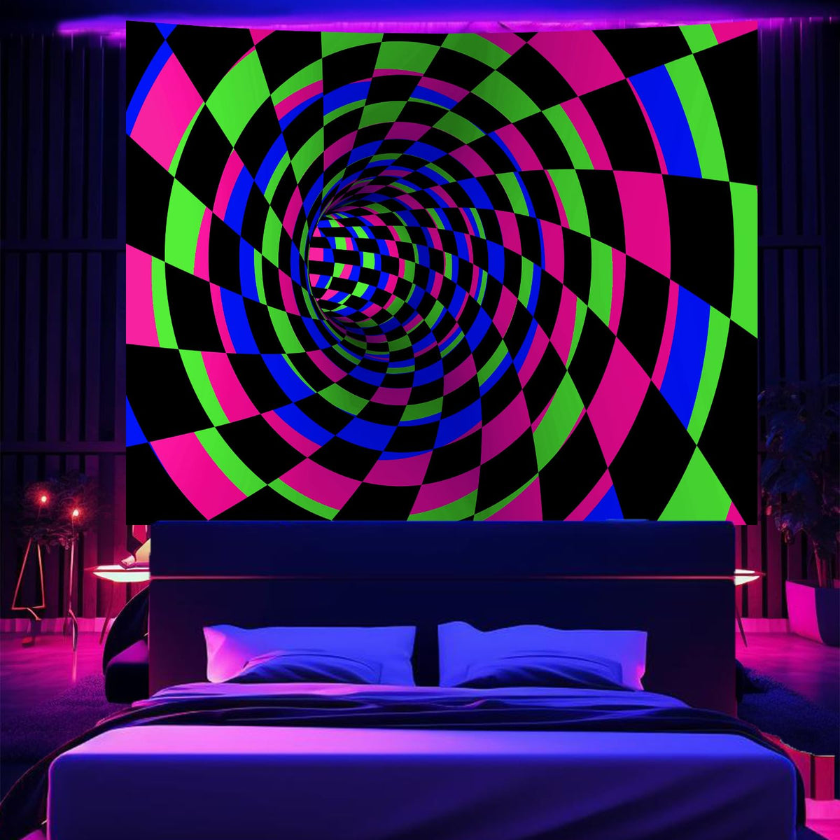 Blacklight Tapestry for Bedroom (D-Blacklight 3D Lines Tapestry / 60"L x 51"W)