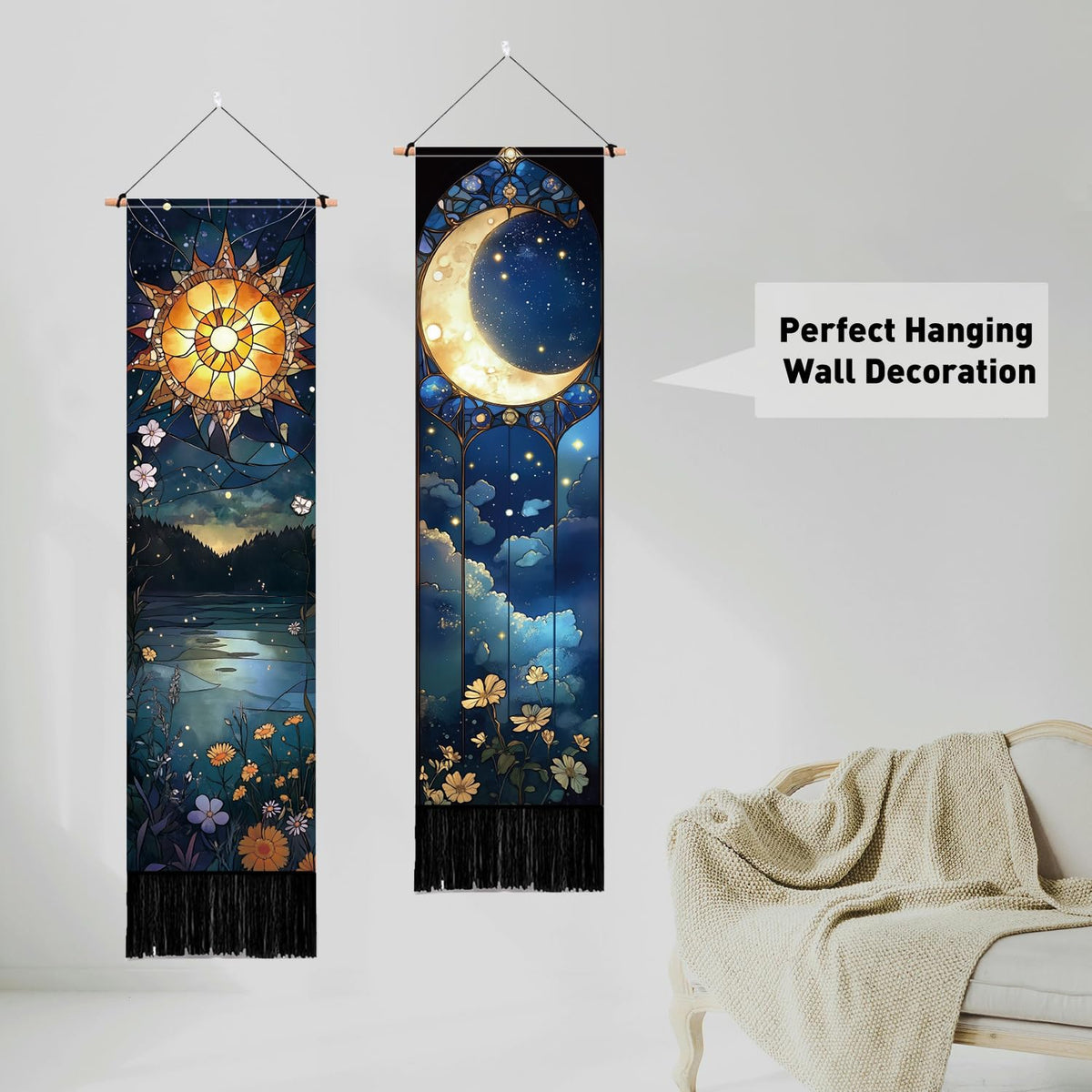 2 Pack Sun Moon Tapestry with Tassels (blue,yellow)