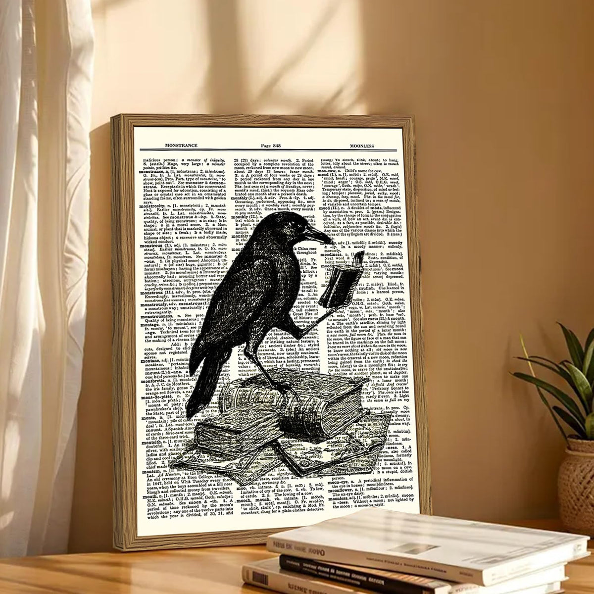Funny Black Crow Reading Books Wall Art Vintage Raven Wall Decor Picture Dark Academia Animal Poster Canvas Print for Bedroom Living Room 16x24 inch Wood Framed (Animal -P / 24"L x 16"W)