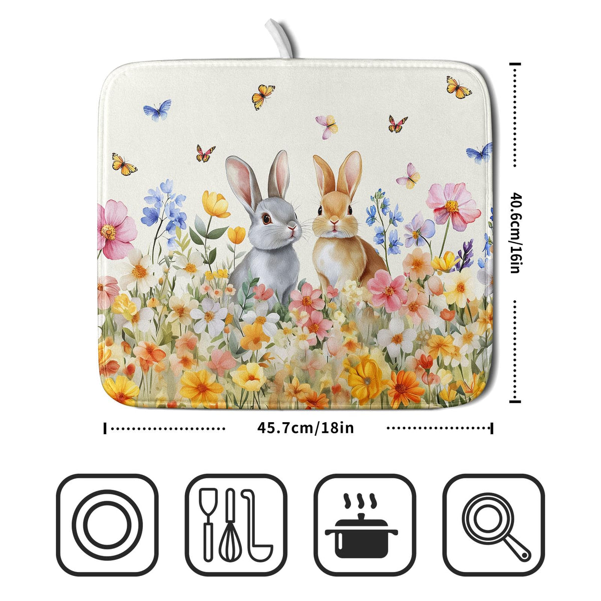 Spring Easter Rabbit Dish Drying Mat for Kitchen Counter (Rabbit / 16" x 18")