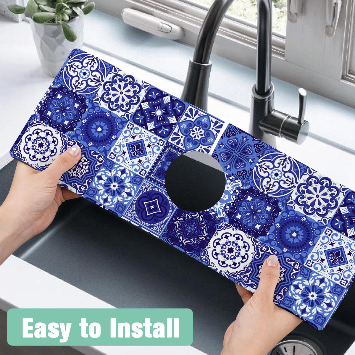 Kitchen Sink Splash Guard Faucet Mat 15" X 5.5" Talavera Mexican Tiles Absorbent Fast Drying Mat Faucet Draining Mat Sink Splash Guard Behind Faucet Drip Catcher for Kitchen Bathroom (15*5.5in / tile02)