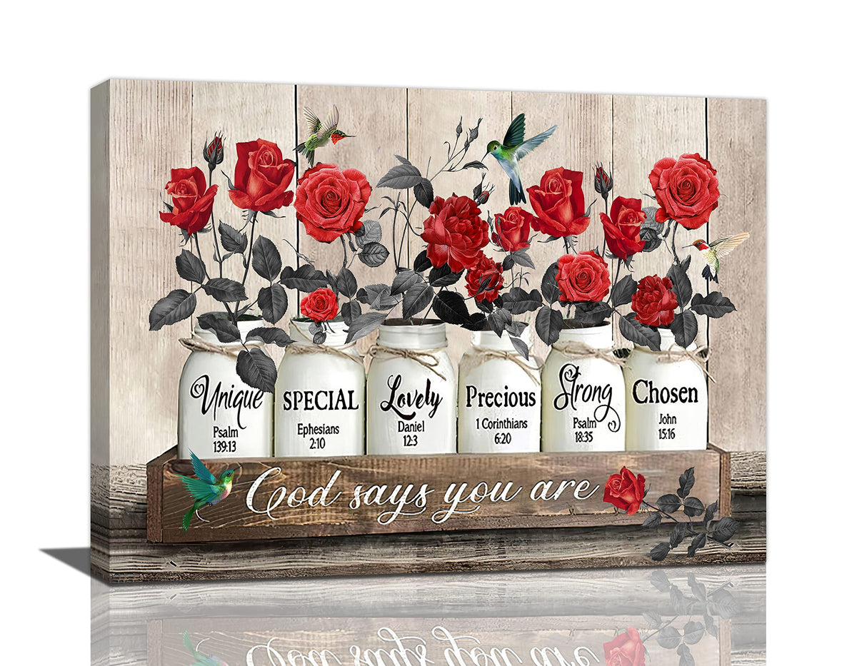 Red Rose Wall Art Farmhouse Rose Pictures Wall Decor Rustic Flower Canvas Painting Prints God Says You are Modern Artwork Home Decoration for Bathroom Bedroom Living Room 16"x12" (Rose / 16"L x 12"W)