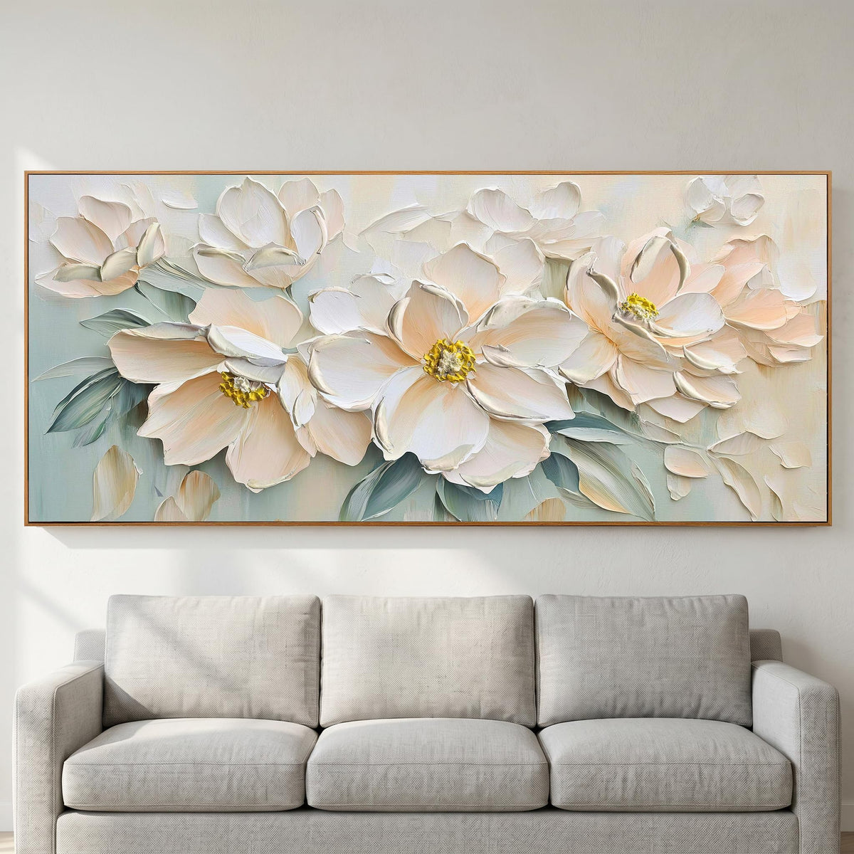 Framed White Floral Canvas Wall Art for Living Room Bedroom 71"x32" (Light Pink Florals / Wood Framed / 71"L x 32"W)