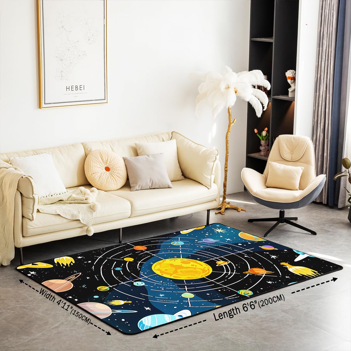 Outer Space Large Area Rug 5x7 Universe Solar System Living Room Rug (Orange Black Blue / 4'11" x 6'6" (Rectangular))