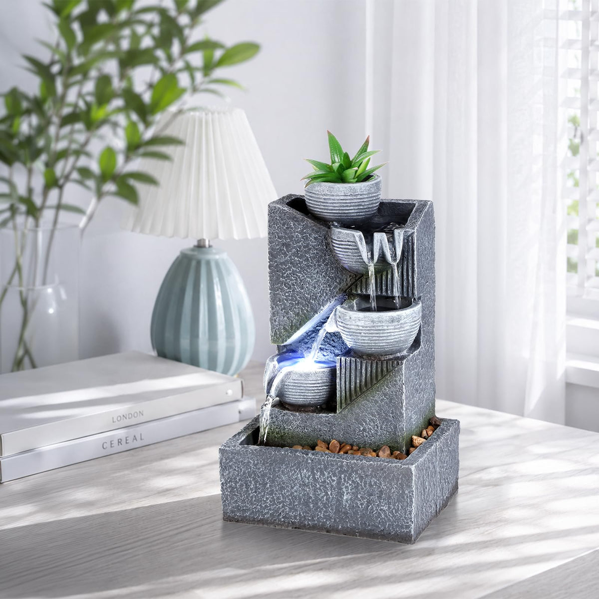 Water Fountains Indoor Waterfall Fountain Relaxing Water Feature Indoor Fountain Zen Meditation Tabletop Fountain with LED Light & Artificial Green Plants for Home Office Bedroom Decor (Style 11)