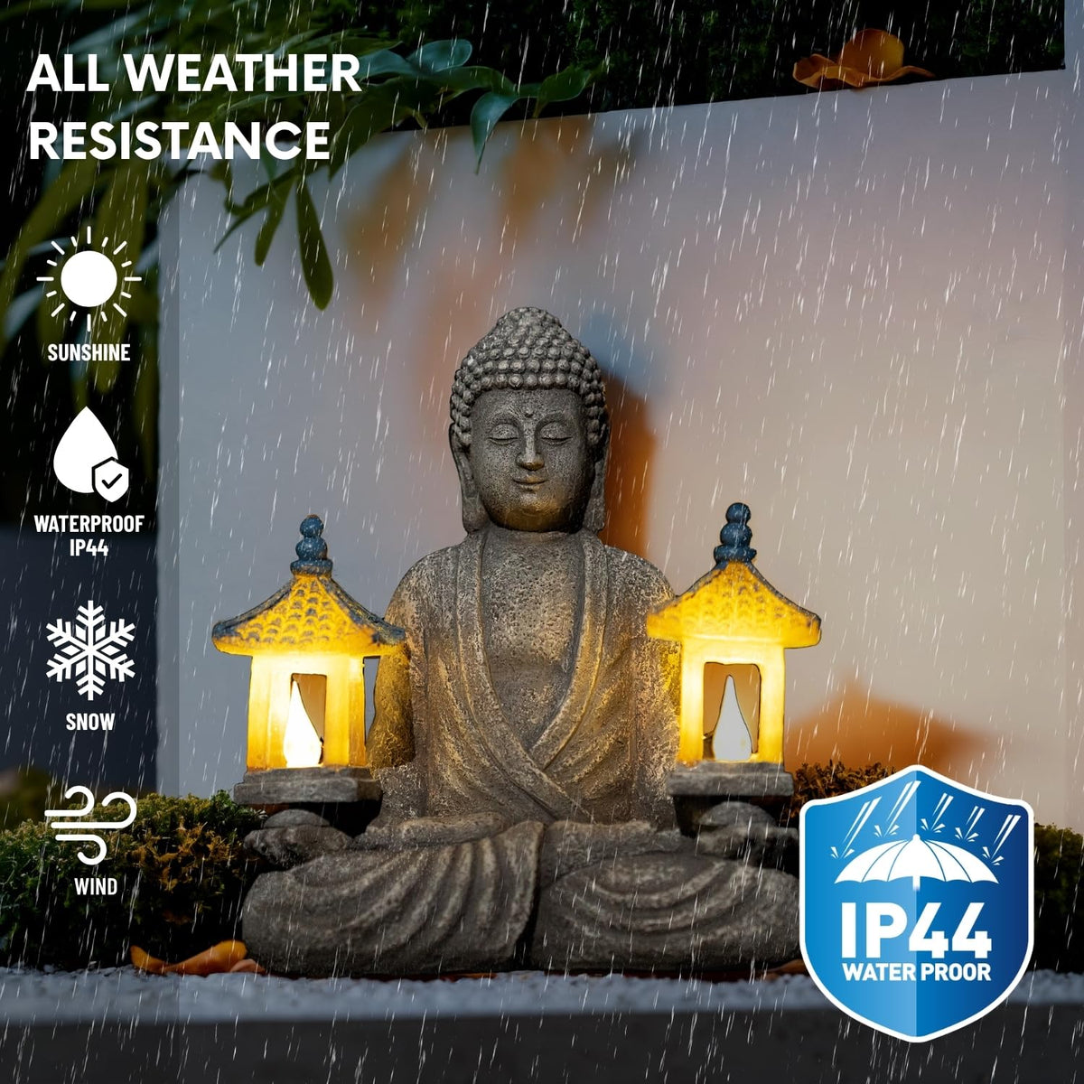 Meditating Buddha Statue with Solar Lights (Two Pavilions)