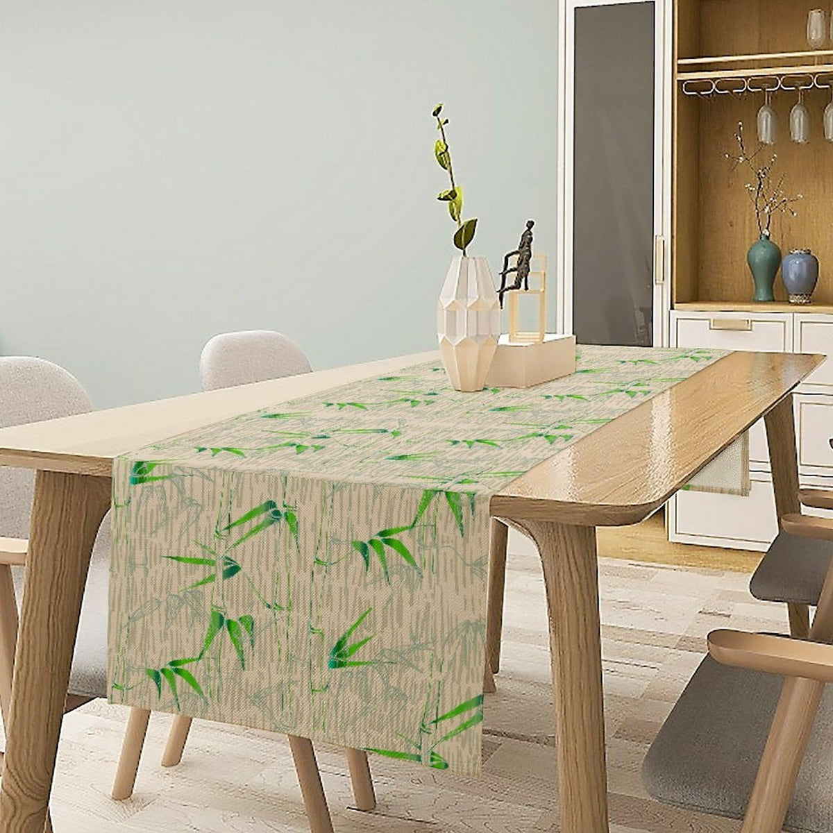 Bamboo Print Linen Table Runner (13x90inch / Green Bamboo)