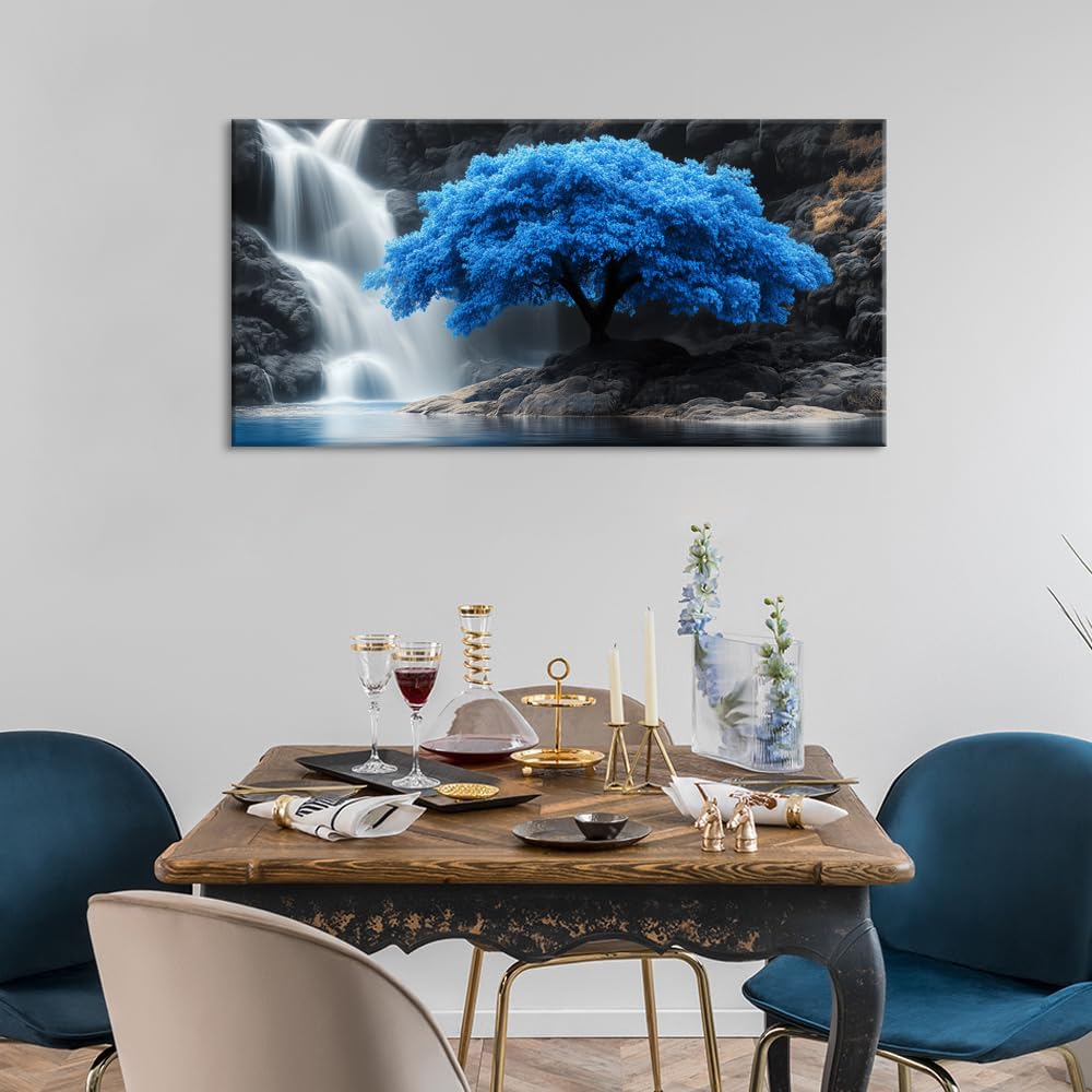 Navy Blue Tree Scenery Wall Art for Living Room Office Waterfall Landscape Art Deco Black and White Scenic Painting Prints Nature Canvas Artwork Over the Couch Bedroom Decor (40"L x 20"W / Navy Blue Tree Wall Art (K868))