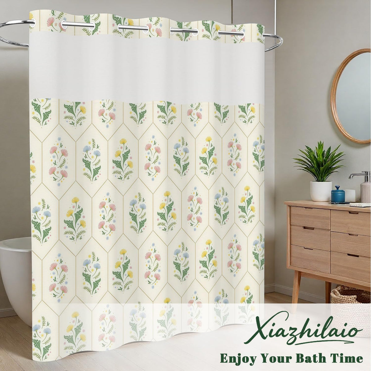 Cottage Core Shower Curtain with Snap in Liner (Delicate Floral)