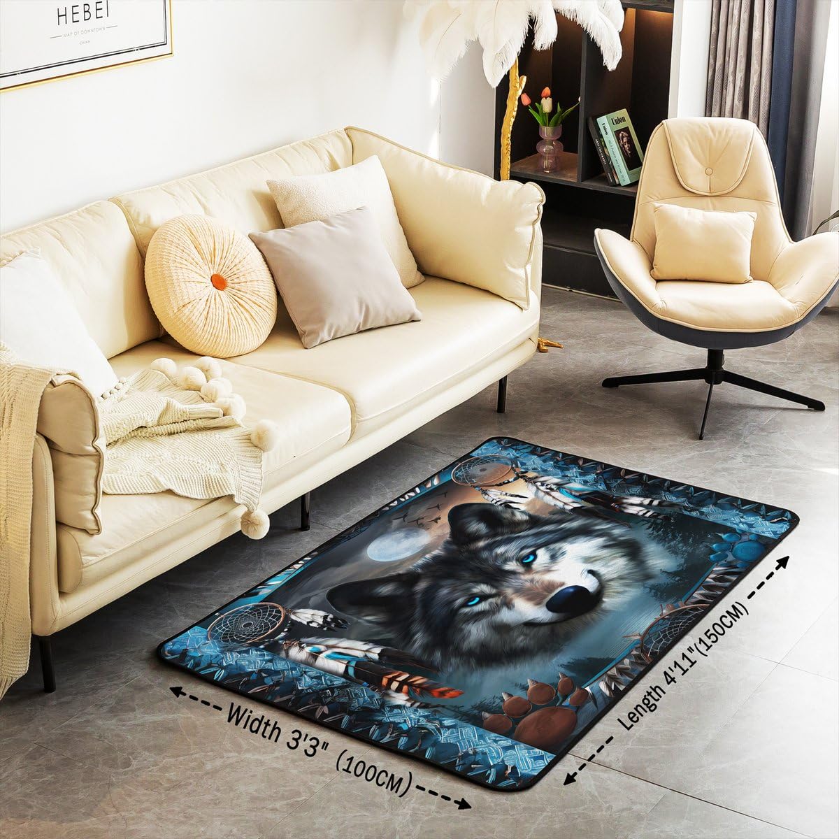 Western Wolf Area Rug 3x5 Bohemian Dream Catchers (Grey Blue / 3'3" x 4'11" (Rectangular))