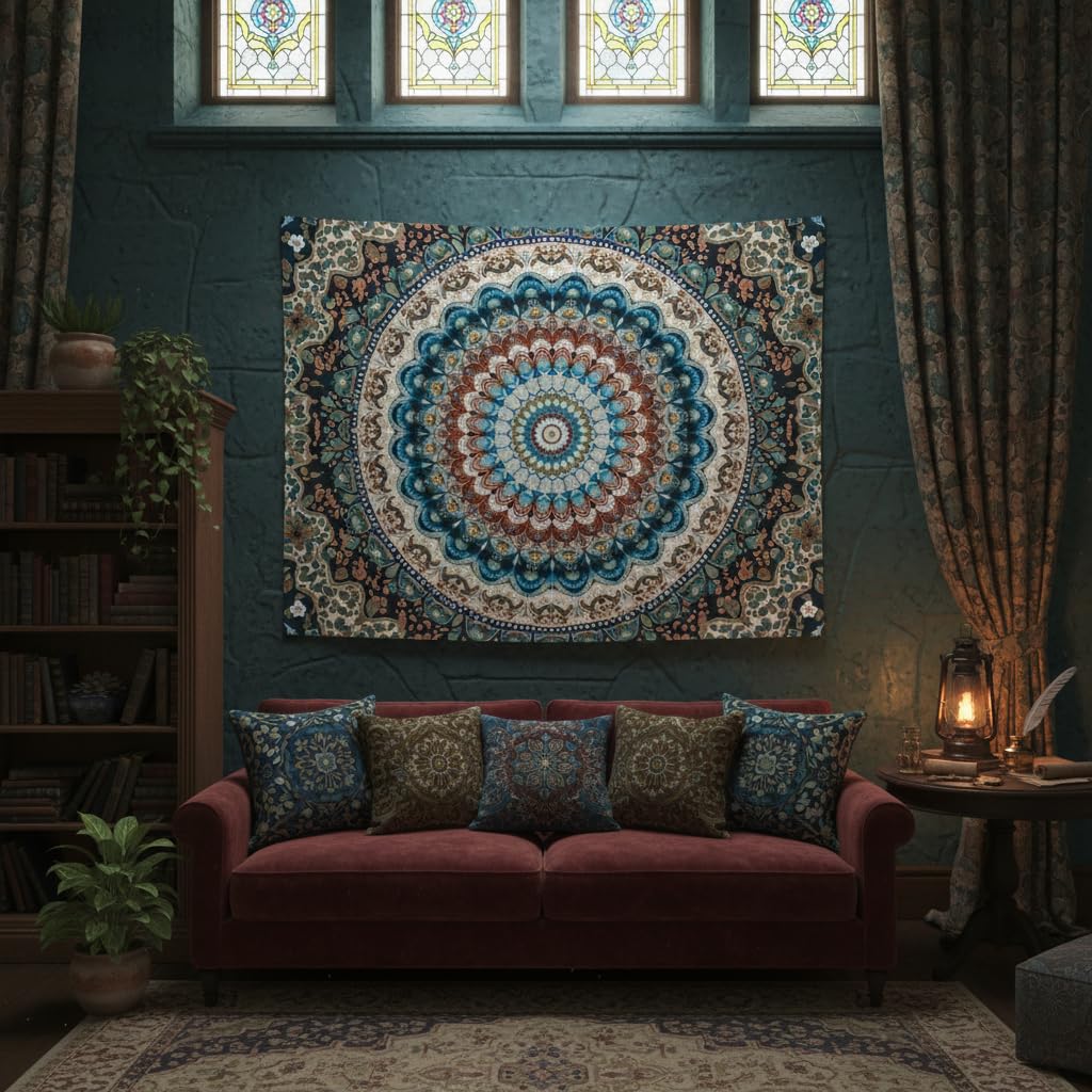 Boho Mandala Tapestry Wall Hanging Bohemian Medallion Tapestry Aesthetic Vintage Floral Hippie Indian Cool Small Tapestries for Bedroom Living Room Dorm Decor 48 x 36 Inch (Bohemian / Blue Beige / 48"L x 36"W)