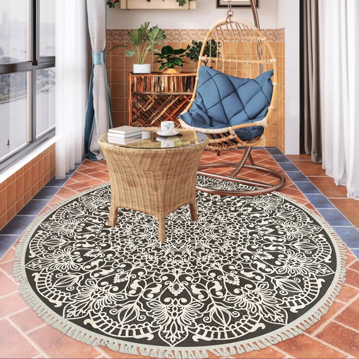 Round Boho Rug 4Ft for Farmhouse Bedroom Living Room (Boho Flower 4 / 4' (Round))