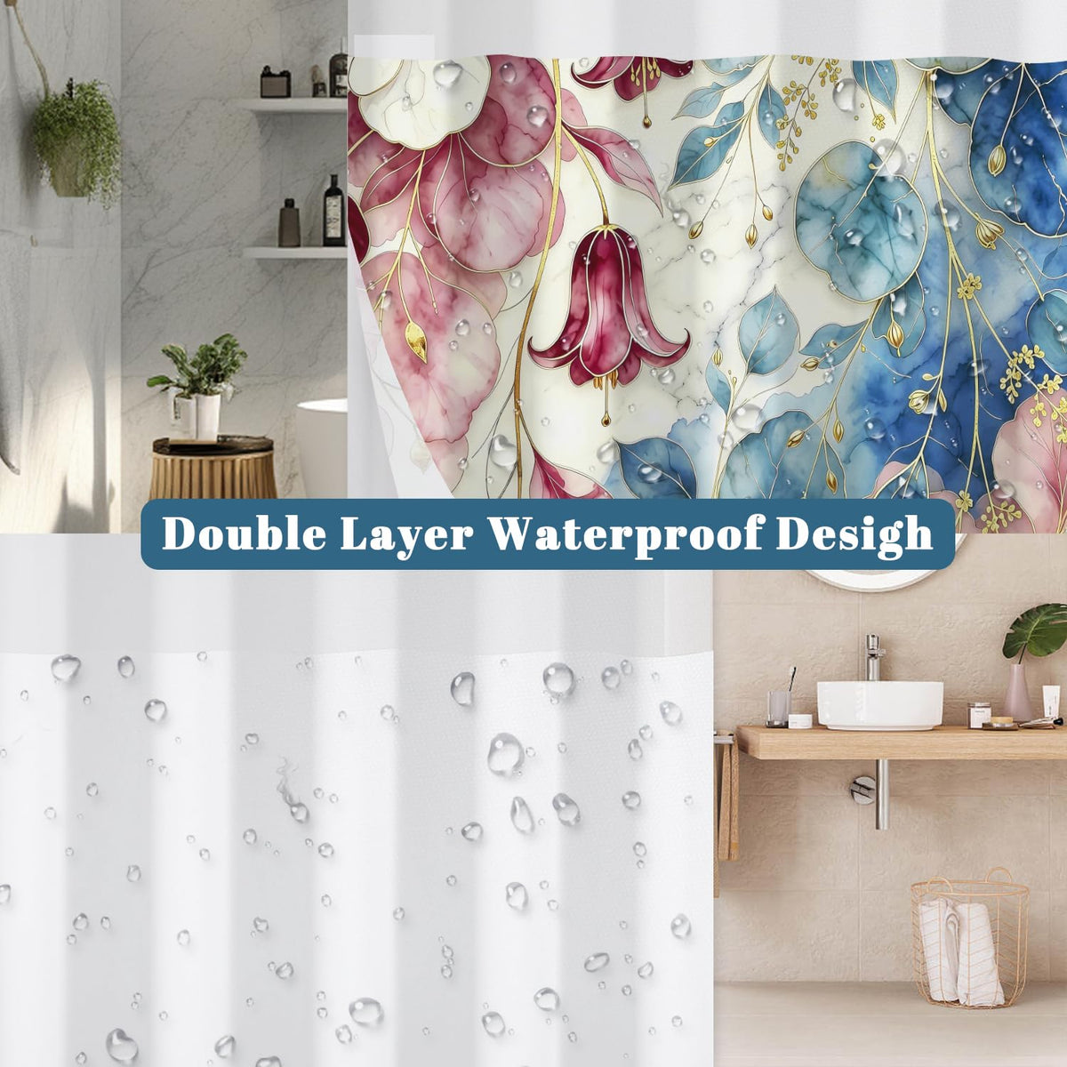 Luxury Art Floral Shower Curtain with Snap in Removable Liner (Abstract Floral)