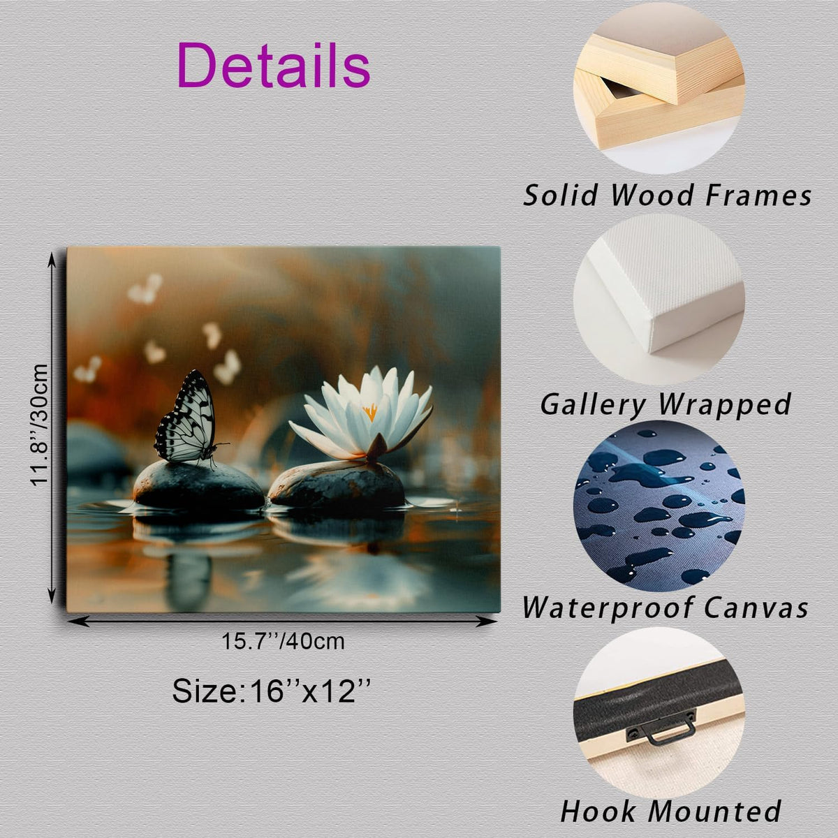Zen Lotus Canvas Wall Art Framed Butterfly Spa Decor for Rooms 12x16 Inch (Zen Lotus 01 / 16"L x 12"W)