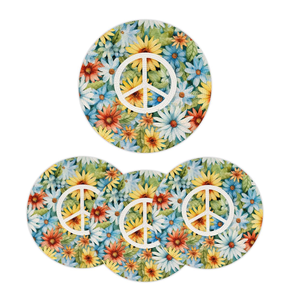 Peace Flowers Woven Placemats Round Placemats Set of 4 Festival Party (A 015 / 4 pieces)